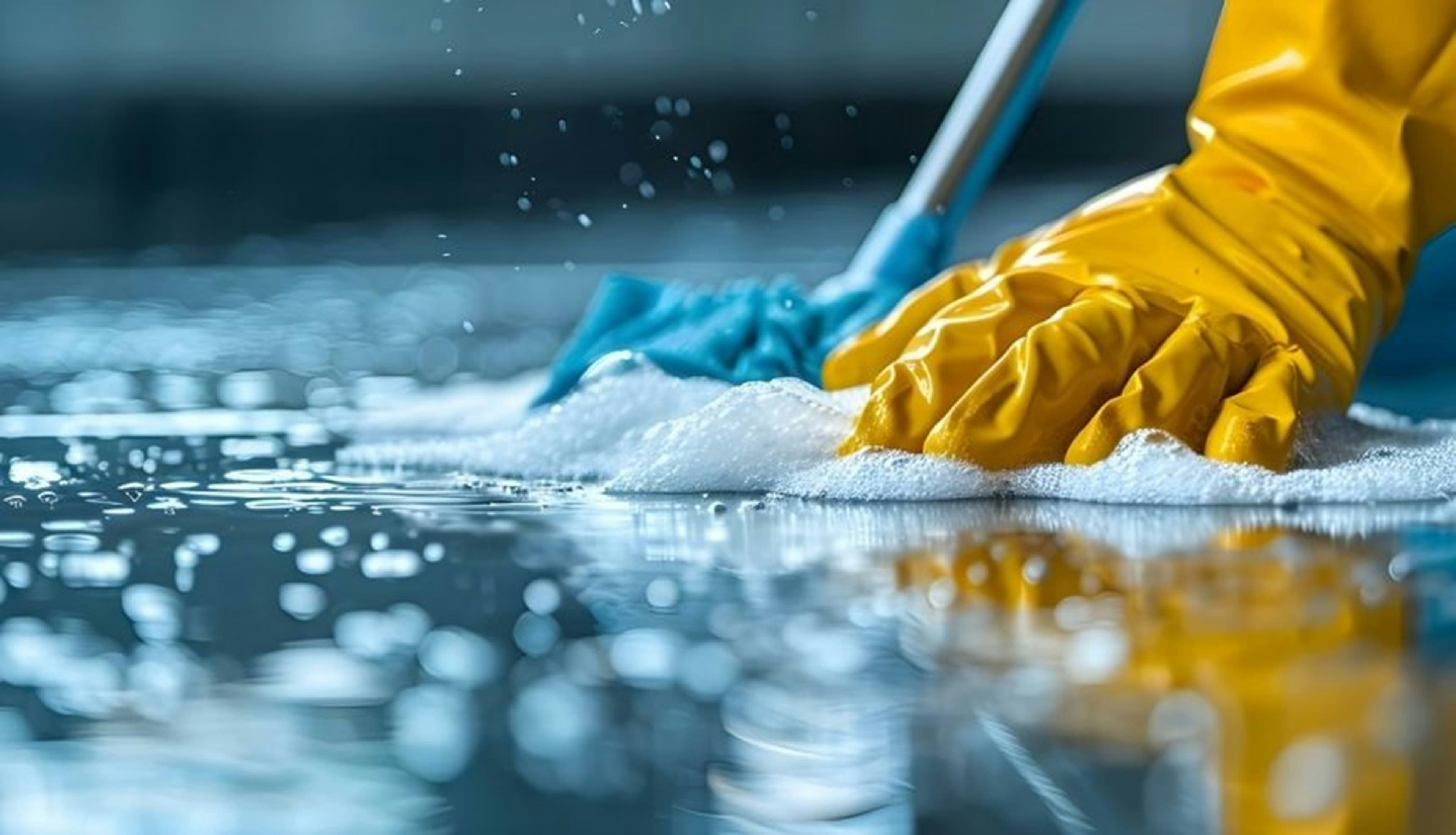 Gloved cleaning of a wet surface during urgent cleaning work
